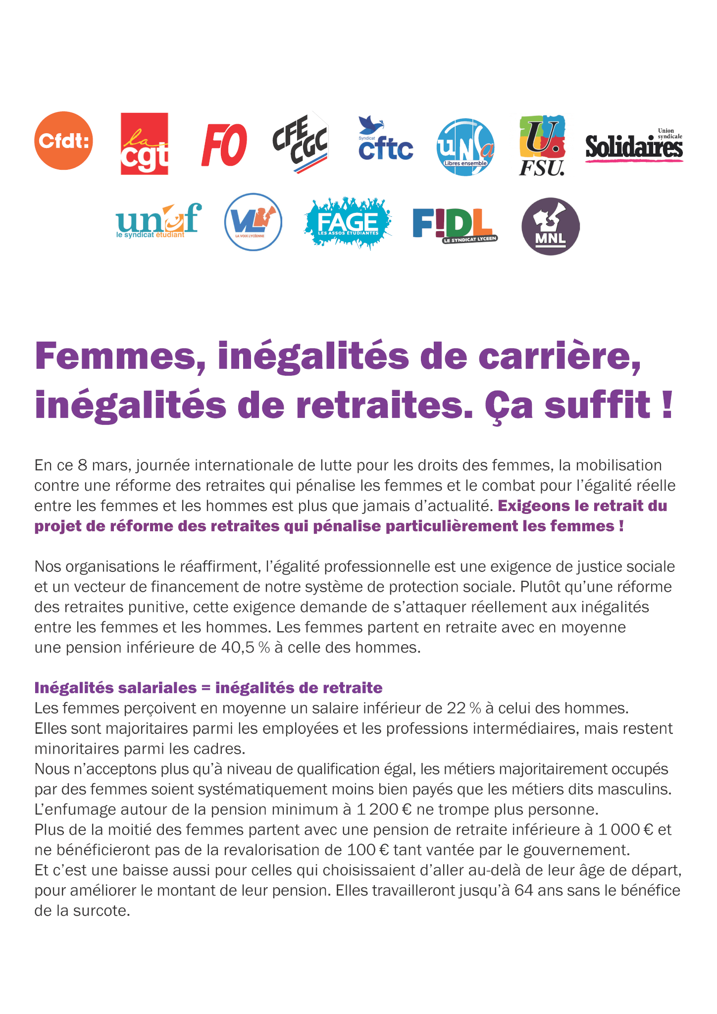 Femmes, inégalités de carrière, inégalités de retraites. Ça suffit !