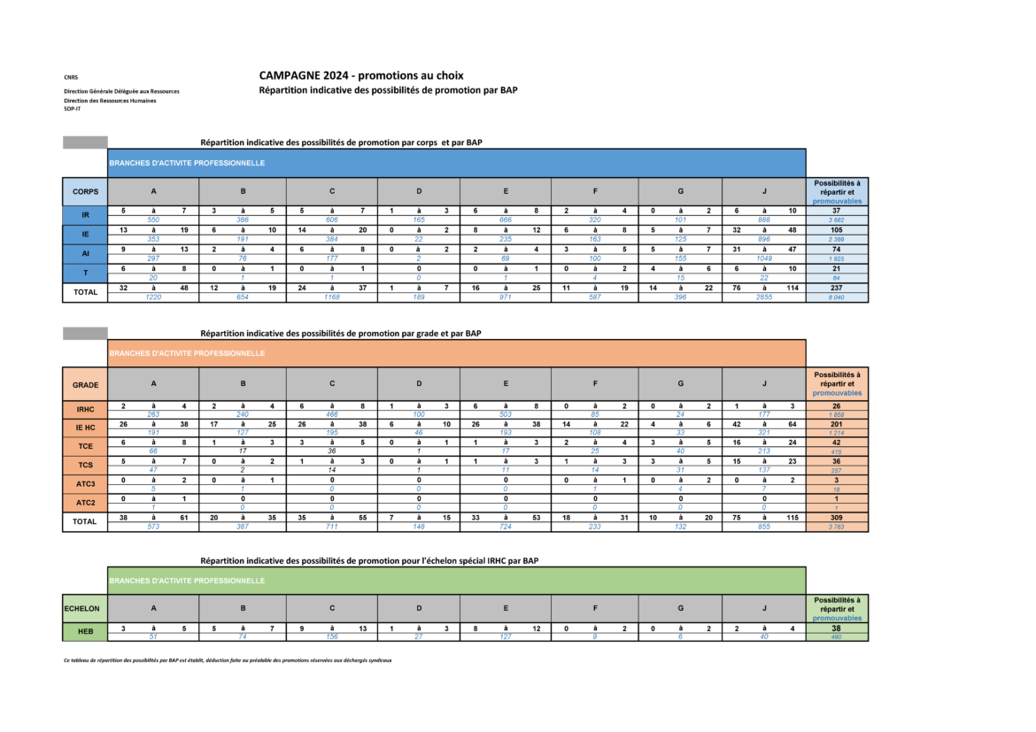 CNRS : Promotions au choix ; campagne 2024 (répartition indicative)